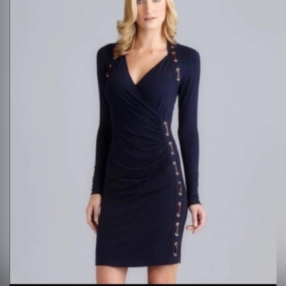 Carmen Marc Valvo-Blk Wrap Long Sleeve Bodycon Dress W/inner Laced Leather, SZ S